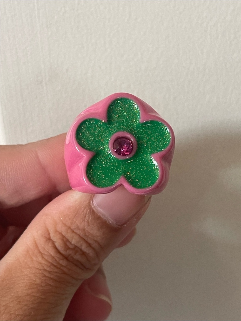 Pink Flower Ring with Green Glitter Center